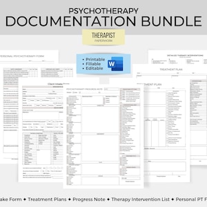 Ensemble de documentation sur la psychothérapie, formulaire d'admission du client, liste des interventions, note de progression SOAP, plan de traitement, formulaire de thérapie personnelle