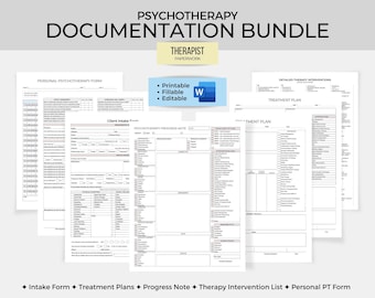 Paquete de documentación de psicoterapia, formulario de admisión de clientes, lista de intervenciones, nota de progreso de SOAP, plan de tratamiento, formulario de terapia personal