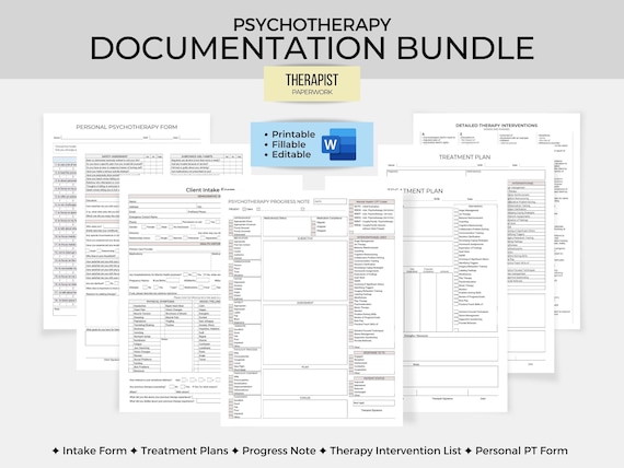 Psychotherapy Documentation Bundle, Client Intake Form, Interventions List, SOAP Progress Note, Treatment Plan, Personal Therapy Form