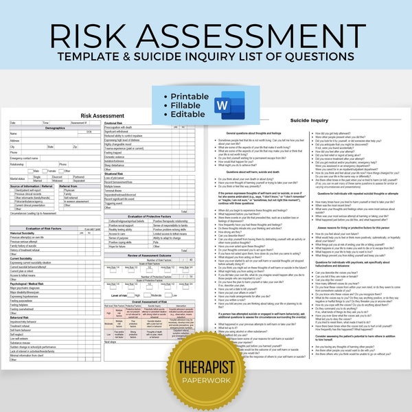 Risk Assessment Template Fillable, Suicide Assessment Form, Suicide Inquiry Questions, Mental Health Assessment Tools