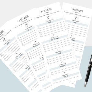 May include: A printable worksheet with five sections, each labeled with one of the five senses: See, Touch, Hear, Smell, and Taste. Each section has a list of five blank lines for writing down things you can see, touch, hear, smell, and taste.