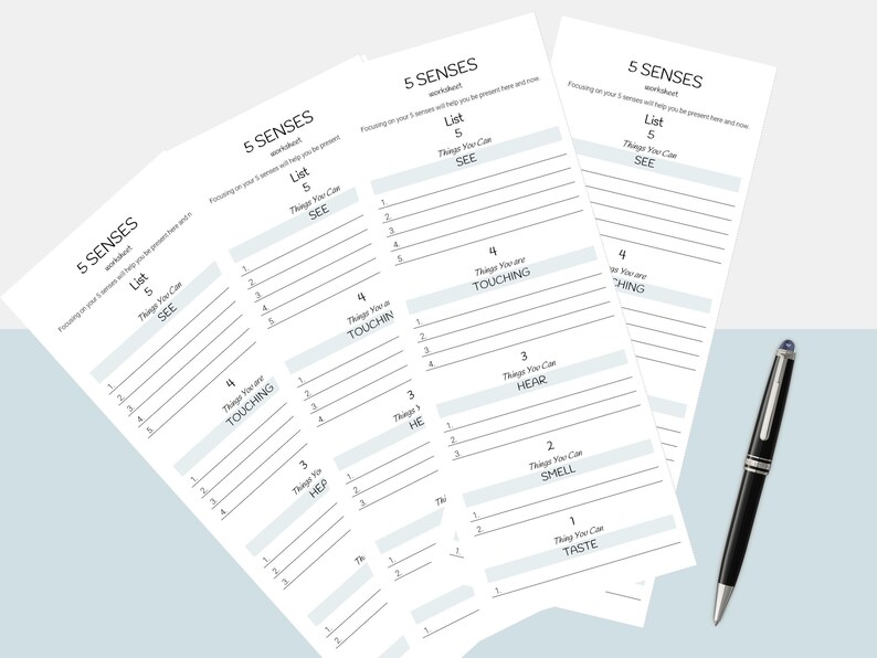 May include: A printable worksheet with five sections, each labeled with one of the five senses: See, Touch, Hear, Smell, and Taste. Each section has a list of five blank lines for writing down things you can see, touch, hear, smell, and taste.