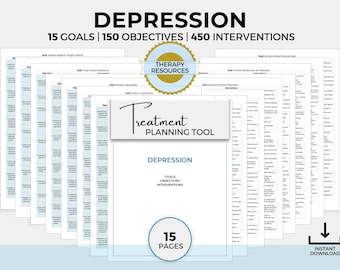 Può includere: Uno strumento di pianificazione del trattamento stampabile per la depressione con 15 pagine, 15 obiettivi, 150 obiettivi e 450 interventi. Lo strumento è progettato per aiutare i terapeuti e i clienti a sviluppare un piano di trattamento completo.
