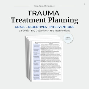 May include: A white document titled Trauma Treatment Planning with the subtitle Goals, Objectives, Interventions. It lists 15 Goals, 150 Objectives, and 450 Interventions. A circular badge reads Compact Format. The document is stacked.