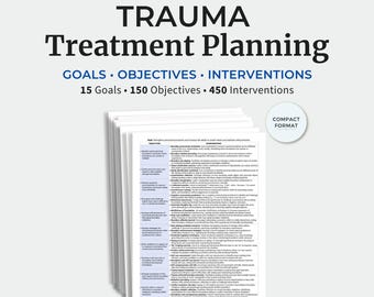 May include: A white document titled Trauma Treatment Planning with the subtitle Goals, Objectives, Interventions. It lists 15 Goals, 150 Objectives, and 450 Interventions. A circular badge reads Compact Format. The document is stacked.