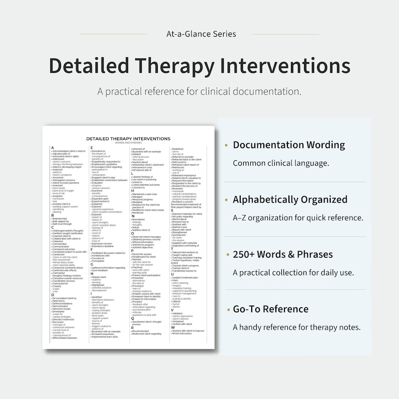 May include: A white reference sheet titled Detailed Therapy Interventions featuring an alphabetical list of clinical words and phrases. The document includes sections for documentation wording, alphabetical organization, 250+ terms, and a go-to reference.