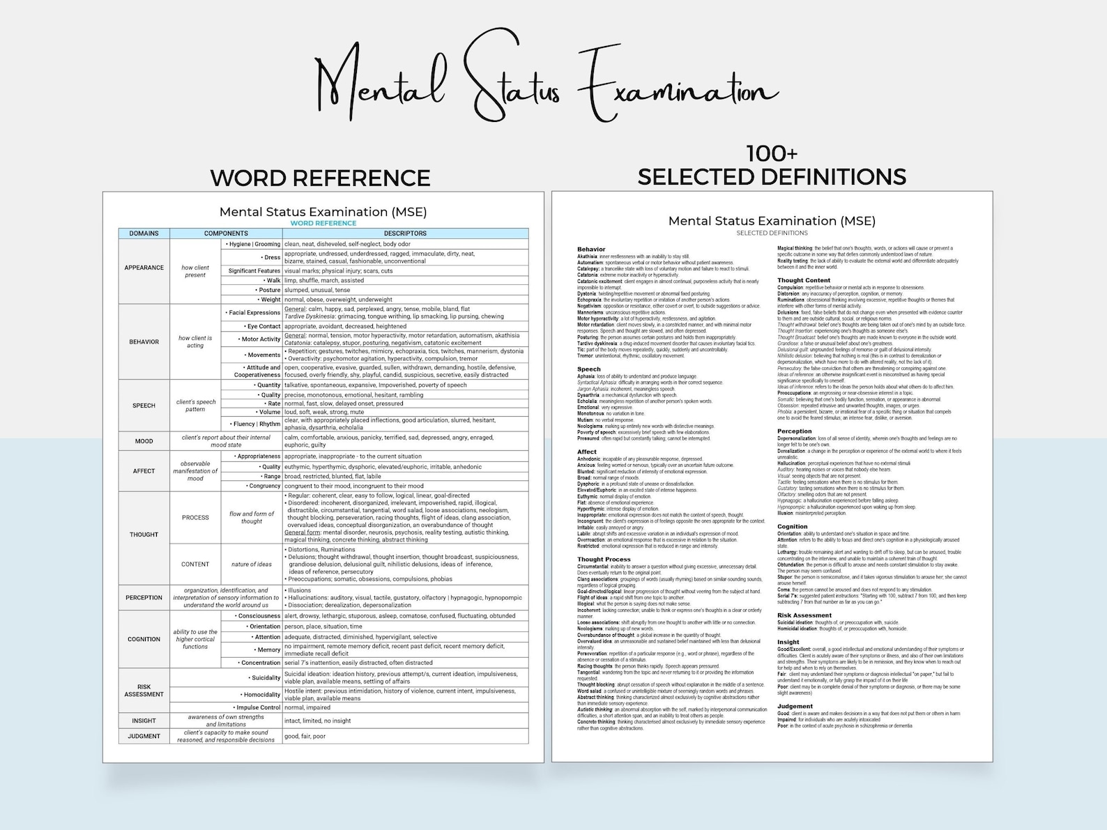 Mental Status Exam Word Reference, Mental Health Reference, MSE Cheat ...
