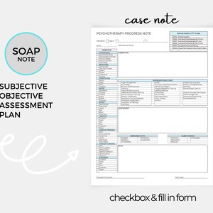 Op de afbeelding: Een afdrukbaar formulier voor psychotherapie-voortgangsnotities met een SOAP-notitie-checklist. Het formulier bevat secties voor subjectief, objectief, beoordeling en plan. Het bevat ook een lijst met CPT-codes voor geestelijke gezondheid.