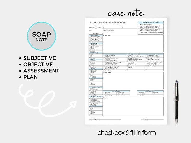 Op de afbeelding: Een afdrukbaar formulier voor psychotherapie-voortgangsnotities met een SOAP-notitie-checklist. Het formulier bevat secties voor subjectief, objectief, beoordeling en plan. Het bevat ook een lijst met CPT-codes voor geestelijke gezondheid.