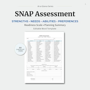 May include: A white document titled SNAP Assessment from the At-a-Glance Series. It features sections for Strengths, Needs, Abilities, and Preferences, a Readiness Scale, and a Planning Summary. A circular badge indicates 88 checklist items.