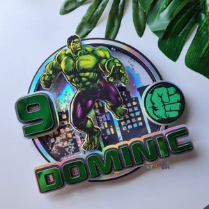 Décoration de gâteau Hulk personnalisée, décoration de gâteau d'anniversaire, âge et nom à personnaliser, décoration de gâteau Avengers, lumière LED, décoration de gâteau lumineuse