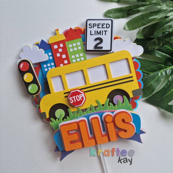 Wheels on the Bus Cake Topper, Birthday Cake Topper, Personalize age and name, School Bus Cake Topper, Yellow Bus Cake Topper