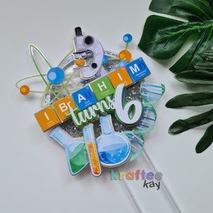 Topo de bolo científico personalizado, topo de bolo de aniversário, personalize idade e nome, luz de LED, topo de bolo iluminado, festa da tabela periódica