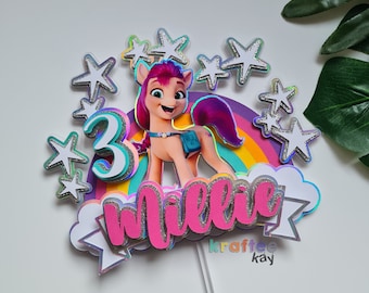 Custom My Little Pony Cake Topper, Birthday Cake Topper, Personalize age and name, Girl Birthday Party, Sunny Starscout