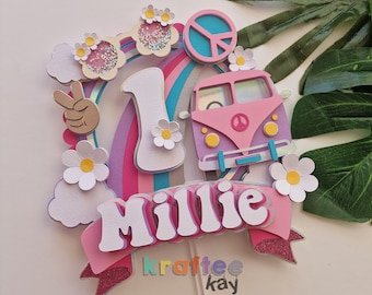 Custom Groovy One Cake Topper, Birthday Cake Topper, Personalize age and name, Girl Birthday Party, Rainbow Cake Topper, Pink and Purple