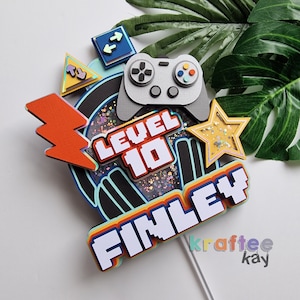 Adorno para tarta de videojuego personalizado, adorno para tarta de cumpleaños, personalización de edad y nombre, adorno para tarta con luz LED, adorno para tarta de jugador, mando