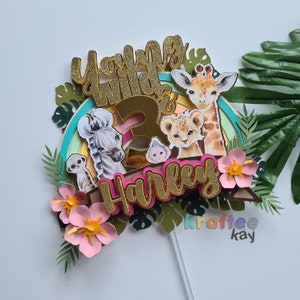Décoration de gâteau personnalisée Young Wild & Three, décoration de gâteau d'anniversaire, âge et nom à personnaliser, thème de la jungle, décoration de gâteau animaux, or vert rose