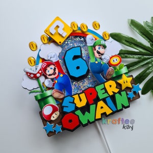 Décoration de gâteau Super Mario personnalisée, décoration de gâteau d'anniversaire, âge et nom à personnaliser, LED, décoration de gâteau lumineuse