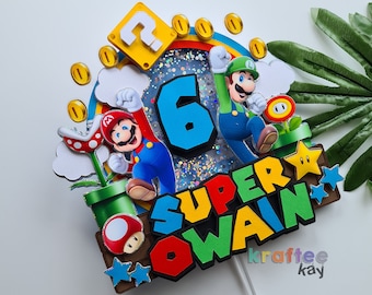 Custom Super Mario Cake Topper, Birthday Cake Topper, Personalize age and name, LED, Light up Cake Topper
