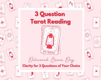 Può includere: Sfondo rosa con un quadrato bianco che pubblicizza una lettura di tarocchi. Il testo recita "3 Question Tarot Reading" e "Delivered Same Day". L'immagine centrale mostra carte dei tarocchi con un disegno di lanterna rossa.