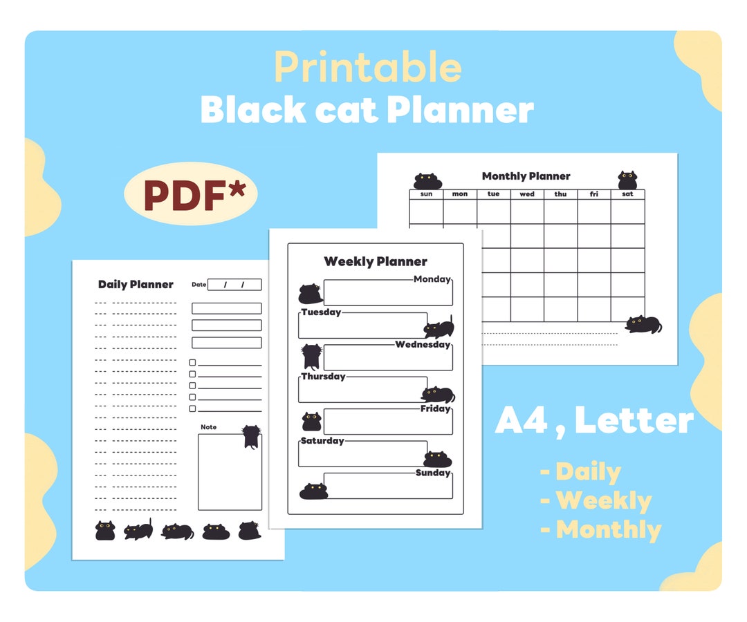 Black Cat Printable Daily Planner, Weekly Planner, Monthly Planner ...
