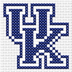 May include: A cross-stitch pattern featuring the letters UK in a bold, block-style font. The design is rendered in a deep royal blue thread against a white grid background, showcasing the characteristic X-shaped stitches of the embroidery technique.