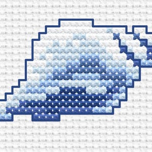 May include: A cross-stitch pattern of a seashell featuring a pixelated design in shades of blue and white. The shell is outlined in a dark blue border and set against a light grid background, showcasing a repeating pattern of stitches.