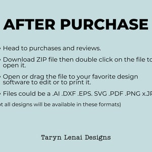 May include: Text on a light blue background with the heading "AFTER PURCHASE" followed by a list of instructions for downloading and opening digital files. The text includes file types such as .AI, .DXF, .EPS, .SVG, .PDF, .PNG, and .JPG. The text also includes the phrase "Taryn Lenai Designs".