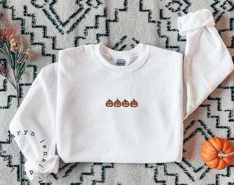 Sudadera de calabaza bordada, suéter de cuello redondo de Halloween, suéter de temporada espeluznante, sudadera de otoño, suéter de cuello redondo de calabaza bordada para Halloween