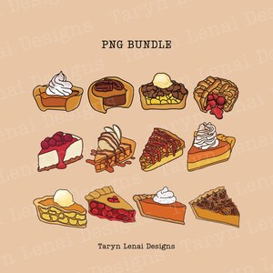 Puede incluir: Un conjunto de ilustraciones digitales de 10 diseños de tartas diferentes. Las tartas son de varios sabores, incluyendo calabaza, nuez pecana, manzana y cereza. Todas las tartas están dibujadas en un estilo de dibujos animados con colores brillantes y detalles simples.