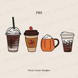 May include: Four different types of coffee drinks: a caramel iced coffee, a pumpkin spice latte, a pumpkin spice latte in a mug, and an iced coffee with ice cubes. The drinks are all drawn in a cartoon style.