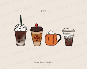 May include: Four different types of coffee drinks: a caramel iced coffee, a pumpkin spice latte, a pumpkin spice latte in a mug, and an iced coffee with ice cubes. The drinks are all drawn in a cartoon style.