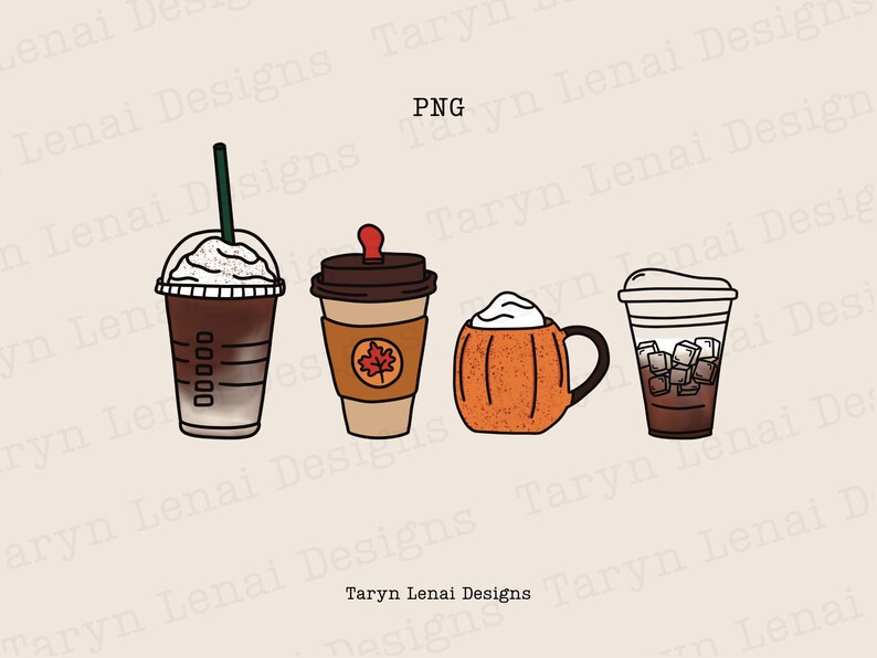 May include: Four different types of coffee drinks: a caramel iced coffee, a pumpkin spice latte, a pumpkin spice latte in a mug, and an iced coffee with ice cubes. The drinks are all drawn in a cartoon style.