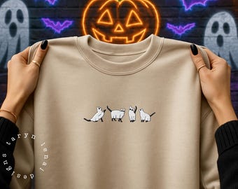 Embroidered Ghost Sweatshirt Cat Ghost Costume Halloween Embroidered Sweatshirt Spooky Season Crewneck
