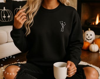 Tanzendes Skelett Sweatshirt Halloween besticktes Sweatshirt Halloween Rundhalsausschnitt Halloween Skelett Stickerei gruseliger Pullover