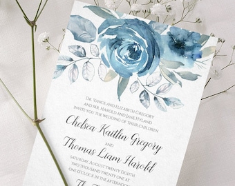 Wedding Invitation Template, Floral Wedding Invitation, Watercolor Invitation Printable DiY, Dusty Ice Blue | Edit in Templett | Cherish