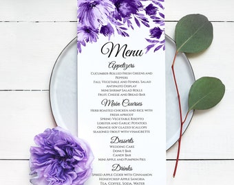 Purple Wedding Menu Template, Wedding Printable Template, "Lavish Blooms" Napkin Insert Menu Printable, Wedding Reception Menu EDIT ONLINE