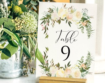 Floral Wedding Table Number Printable, DIY Wedding Printable "Vanilla Blossoms" Table Number Card, Wedding Seating | Edit Online in Templett