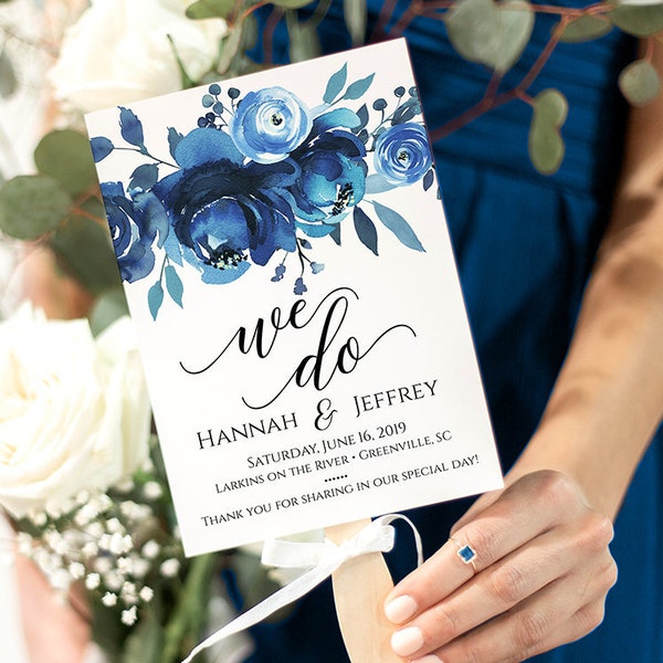 Floral Wedding Program Fan, Printable Program Fan Template, Printable Wedding Fan, Ceremony Program, Paddle Fan | Blue Peonies | Edit Online