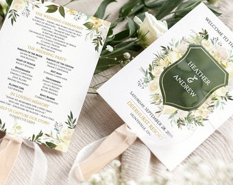 Floral Wedding Program Fan, Printable Program Fan Template, Printable Wedding Fan, Ceremony Program | Vanilla Blossoms | Edit Online