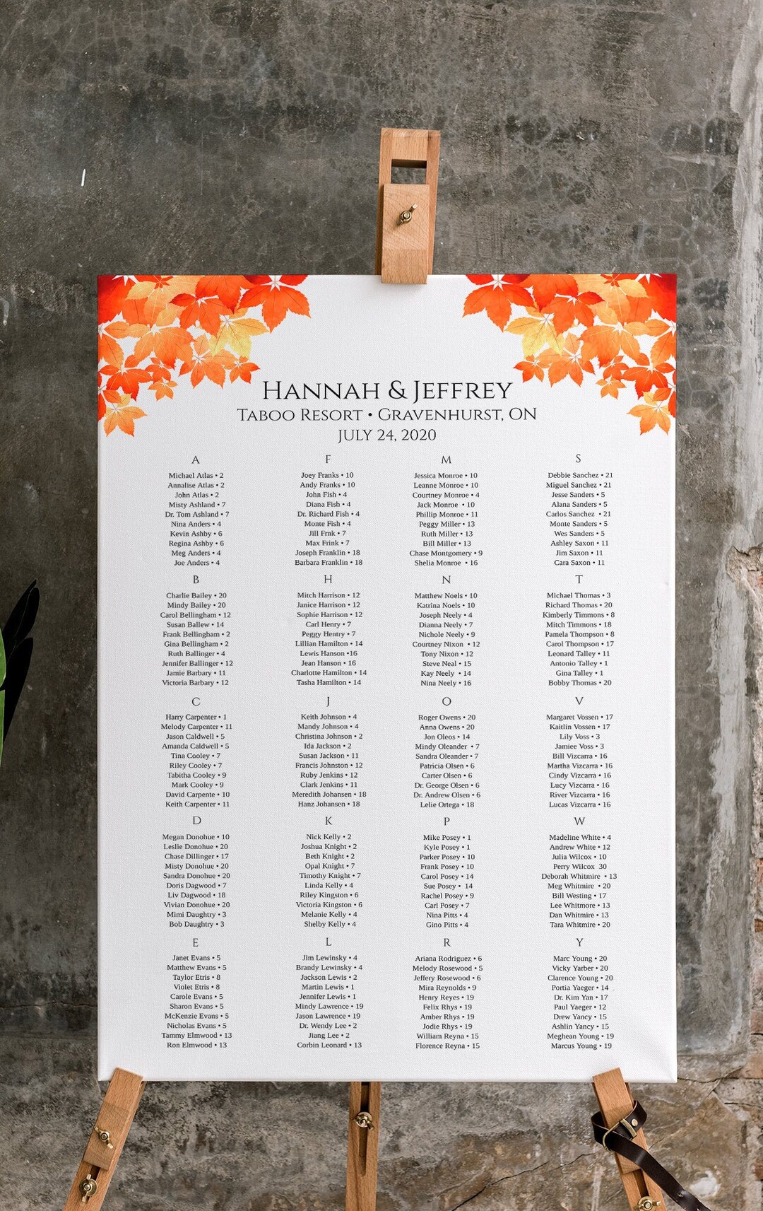 Fall Seating Chart Template, Table Arrangement, Autumn Wedding