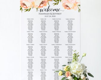 Seating Chart Template, Table Arrangement, Peach Wedding Reception Table Assignment "Peach Peonies" EDIT ONLINE