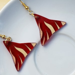 Red flame triangle dangle earrings, acrylic geometric modern design, unique mother&#39;s day gift, free shipping