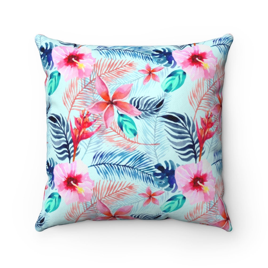 Throw Pillow Tropical Flowers & Leaves in Pinks Blues Etsy