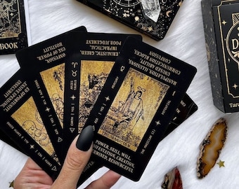 Tarot deck, for beginners, with keywords, black and gold tarot deck, Unique tarot deck, tarot bag, tarot deck, indie tarot, oracle deck