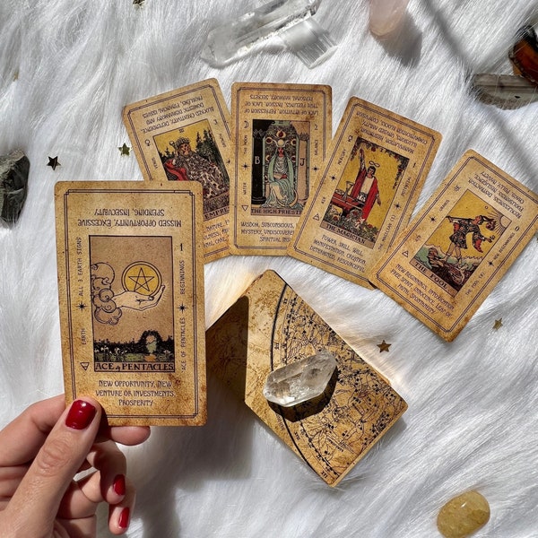 Tarot card Deck, for beginners, with keywords, with guidebook, antique design, indie tarot deck, unique tarot deck, tarot bag, tarot cards