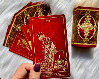 Tarot deck, red and gold, tarot deck, tarot deck for beginners, unique tarot deck, oracle deck, indie tarot deck, oracle cards, tarotdeck