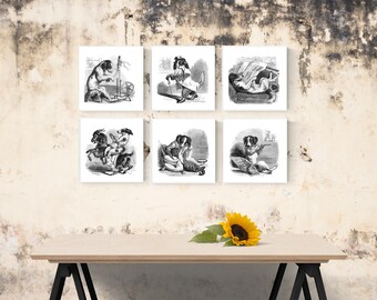 Humorous Dog Prints | Mother Goose Nursery Rhymes | Vintage from 19th Century | Downloadable Prints | Set of 6 | Black & White | Adjustable