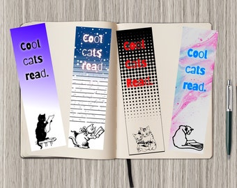 Druckbare ""Cool Cats Read"" Lesezeichen | 4er Set | Digitale Lesezeichen | Buch Liebhaber Geschenke | Scrapbooking | Katzenliebhaber