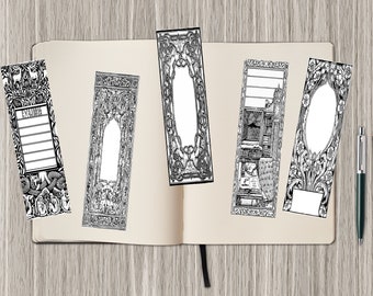 Vintage Bookplate Bookmarks | Black & White and Colorable | Set of 5 | Digital Bookmarks | Book Lover Gifts | Scrapbooking